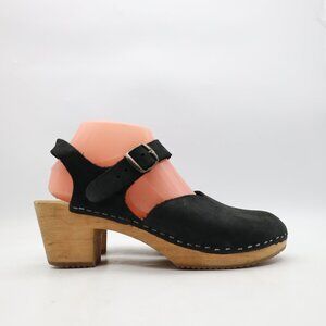 Moheda Wooden Clogs Women's Size EU 40 Sandals Shoe Black Leather Wooden Heels